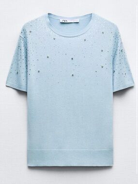 Zara Light Blue Embellished Short Sleeve Top